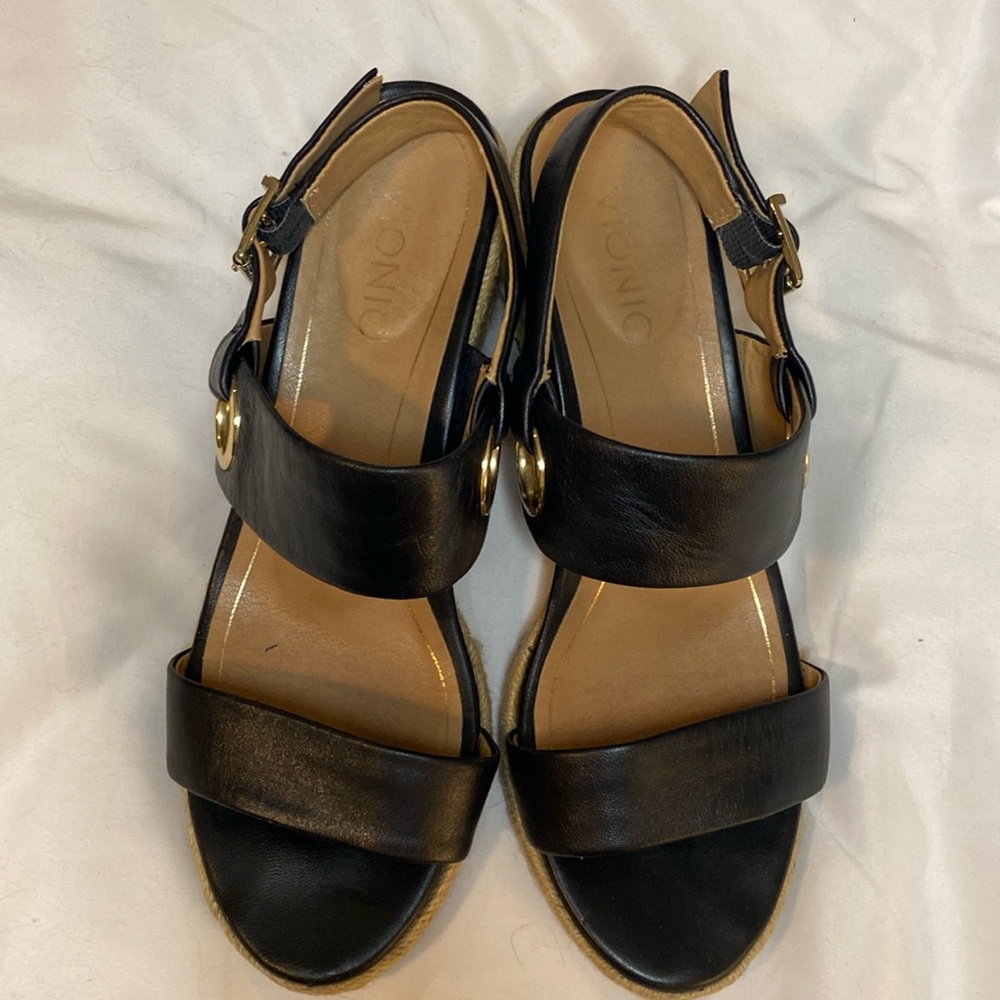 Vionic Black Leather Wedges with Gold Buckles